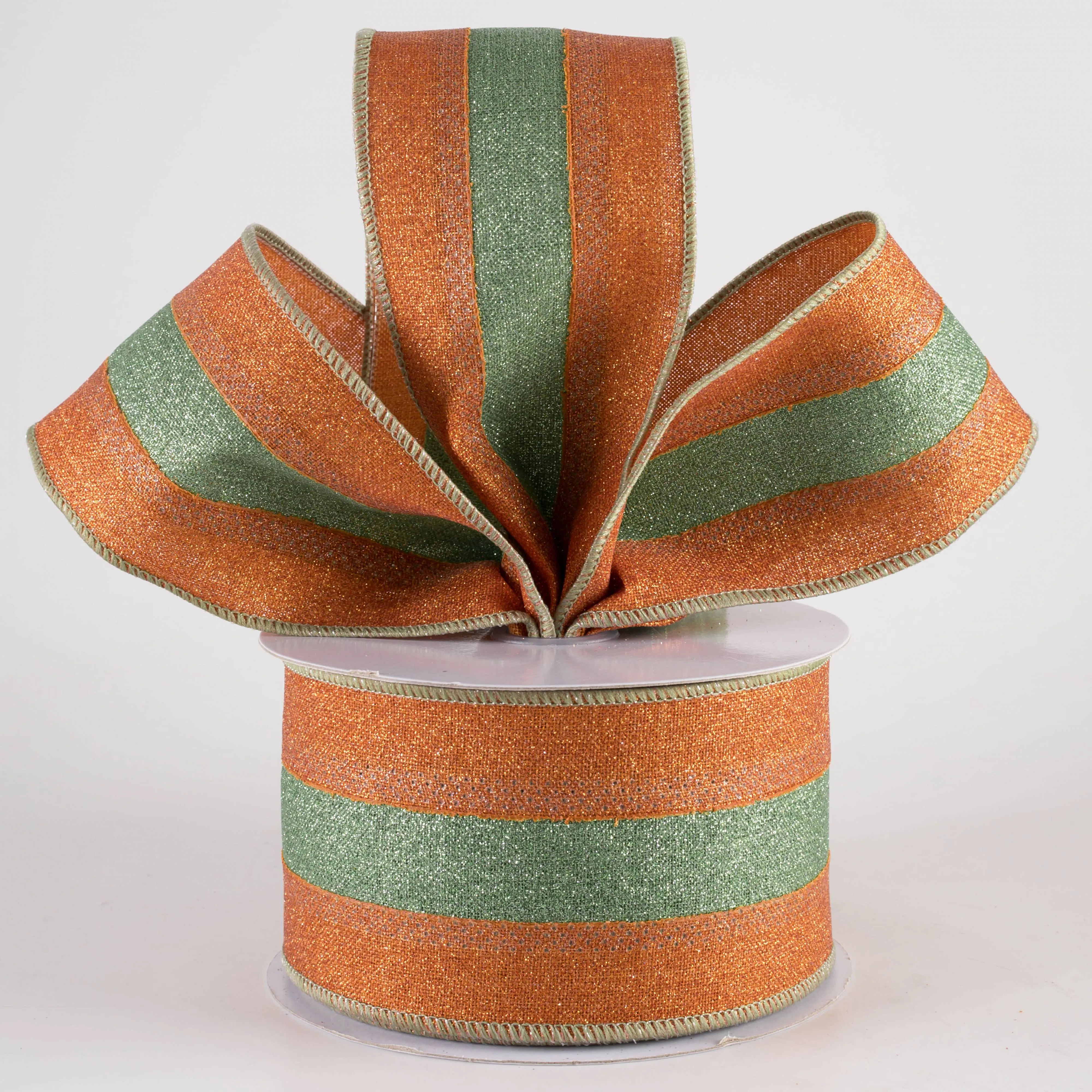 2.5" Stripe Fine Glitter on Royal Ribbon: Pumpkin Orange & Sage Green (10 Yards)