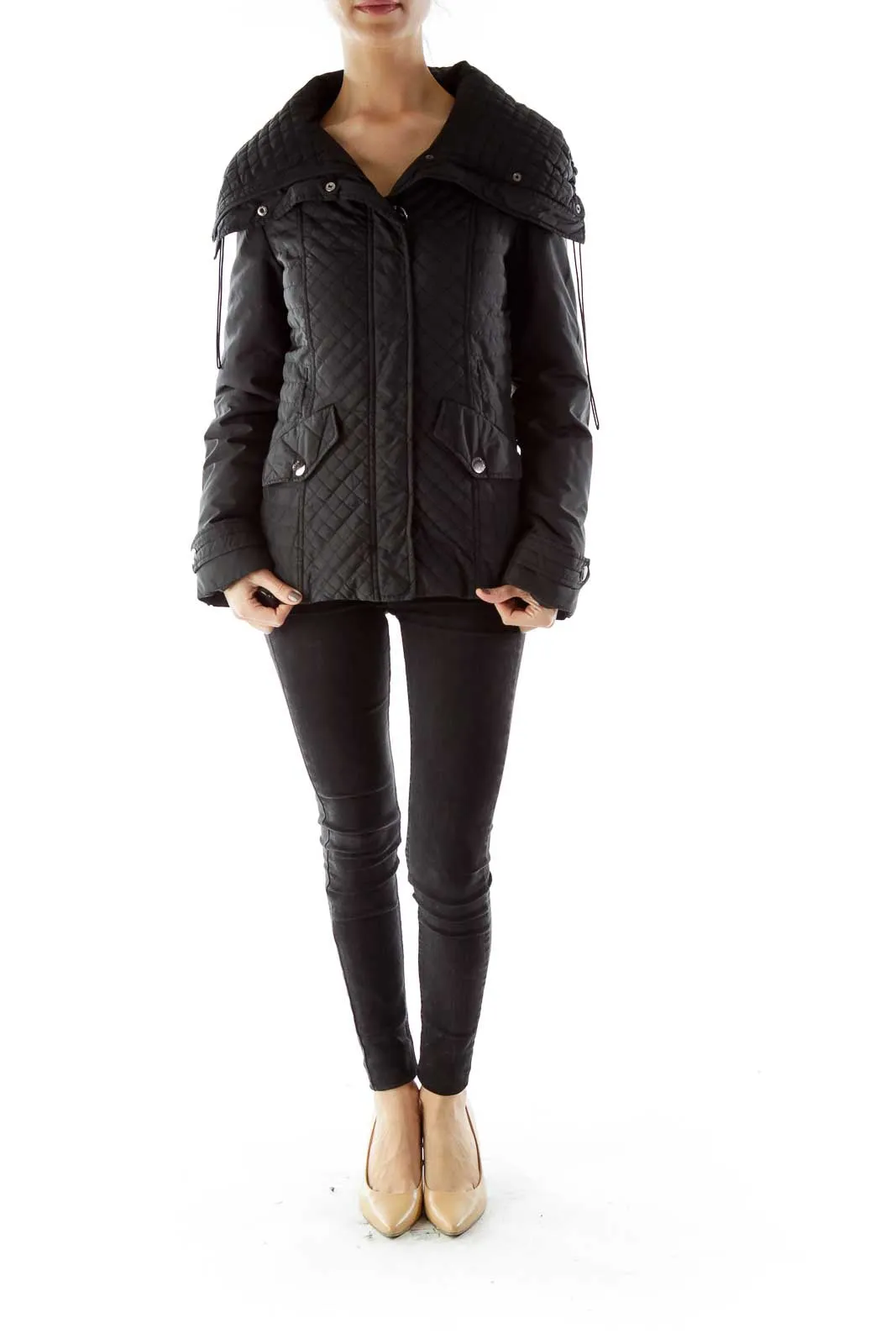 Black Buttoned Pocketed Padded Jacket