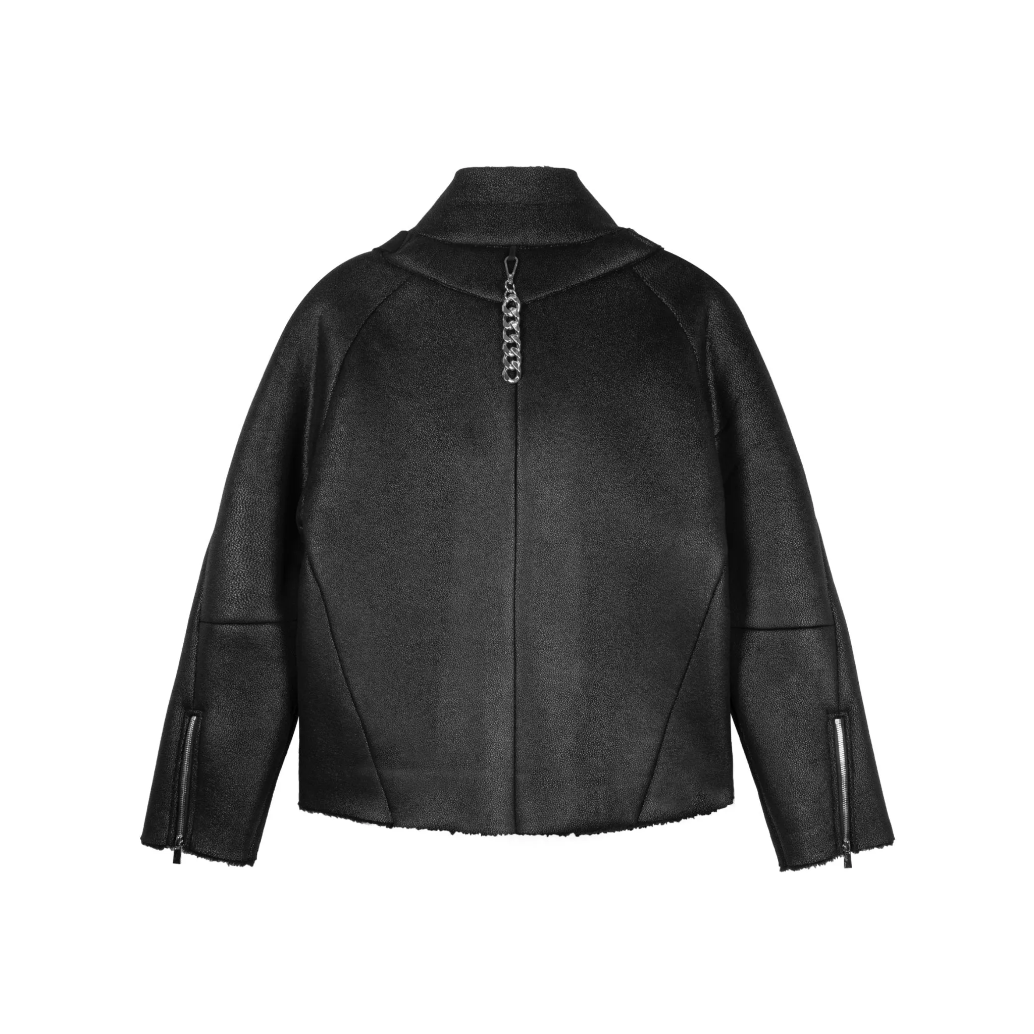 Black Leather and Fur Integrated Jacket