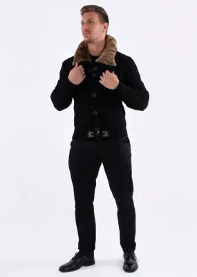 Black Men's Turtleneck Jacket Winter Cardigan Sweaters for Men with Fur