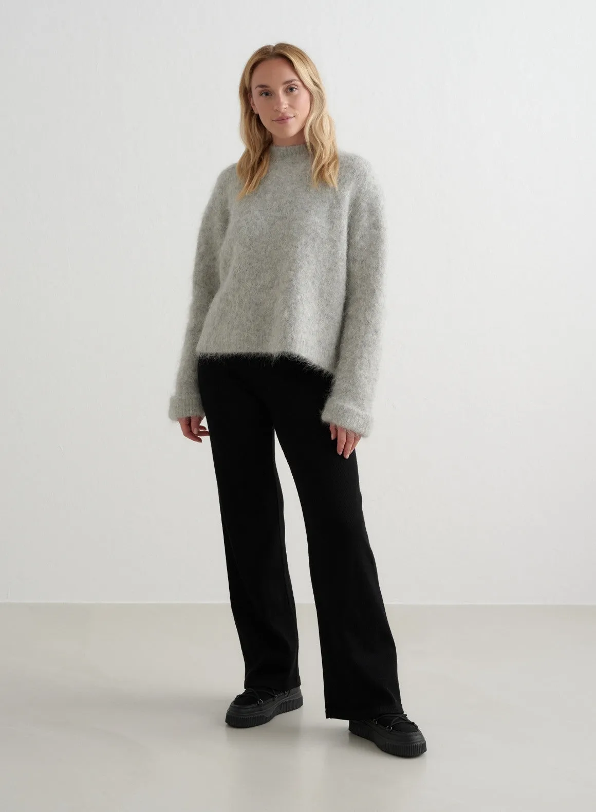 Black Ribbed Wool Wide Pants