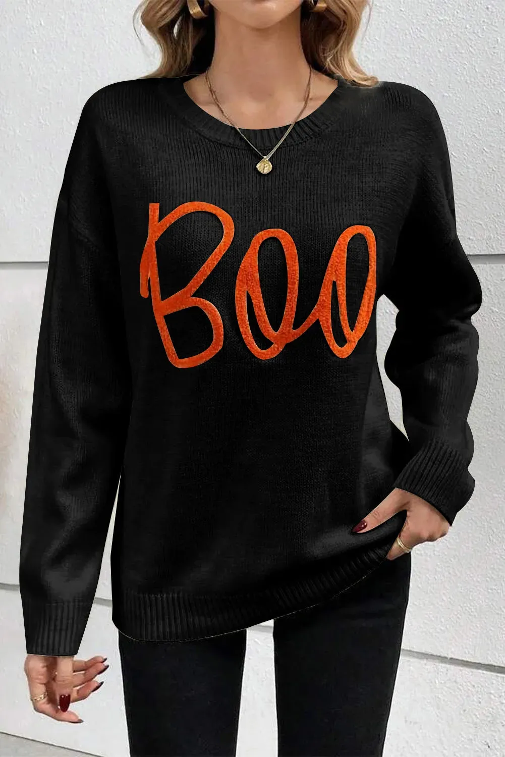 BOO Round Neck Long Sleeve Sweater