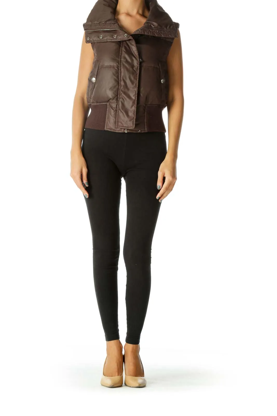 Brown Snap Buttons Padded Elastic Waist Zippered Vest