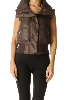 Brown Snap Buttons Padded Elastic Waist Zippered Vest