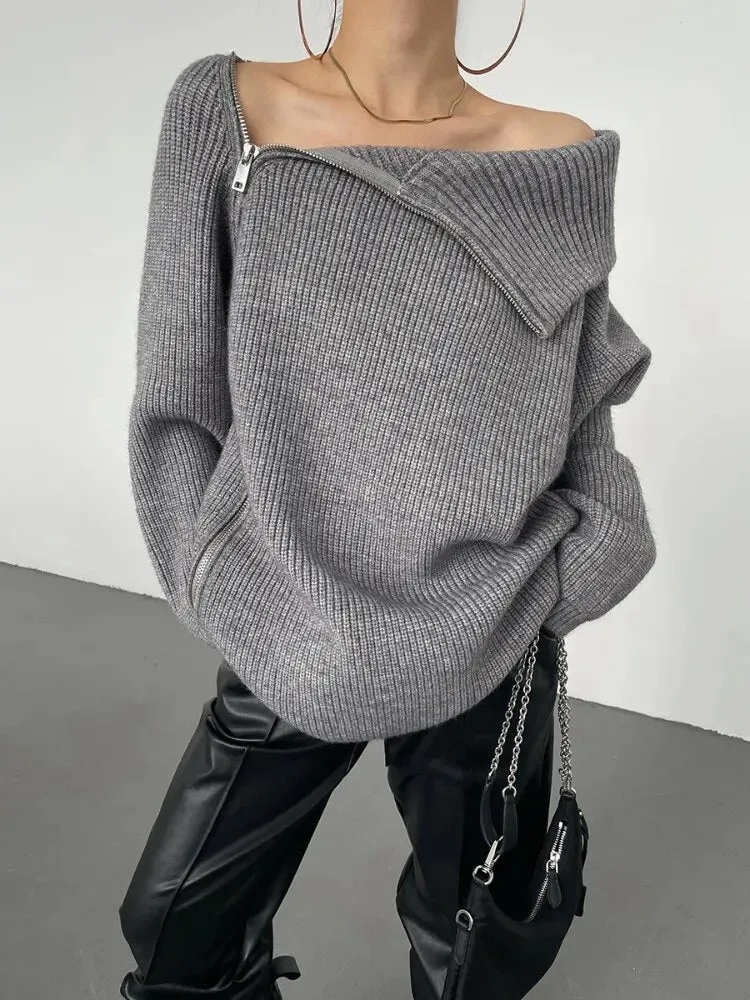 Double Zipper Turtleneck Long Oversize Pullover