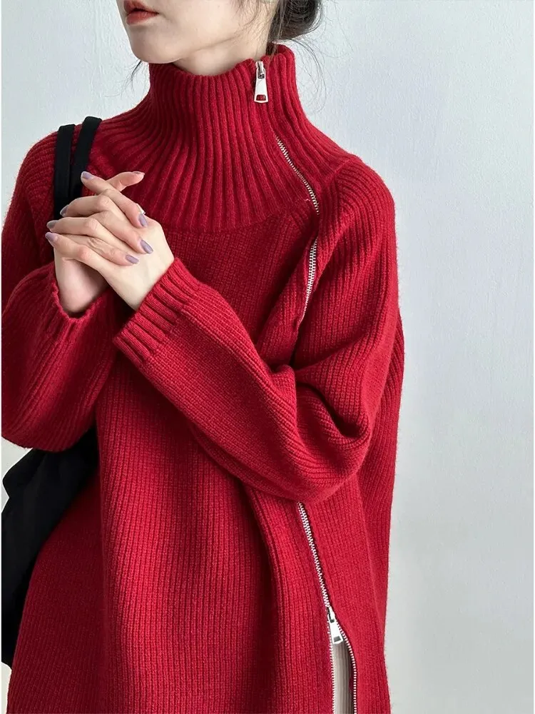 Double Zipper Turtleneck Long Oversize Pullover