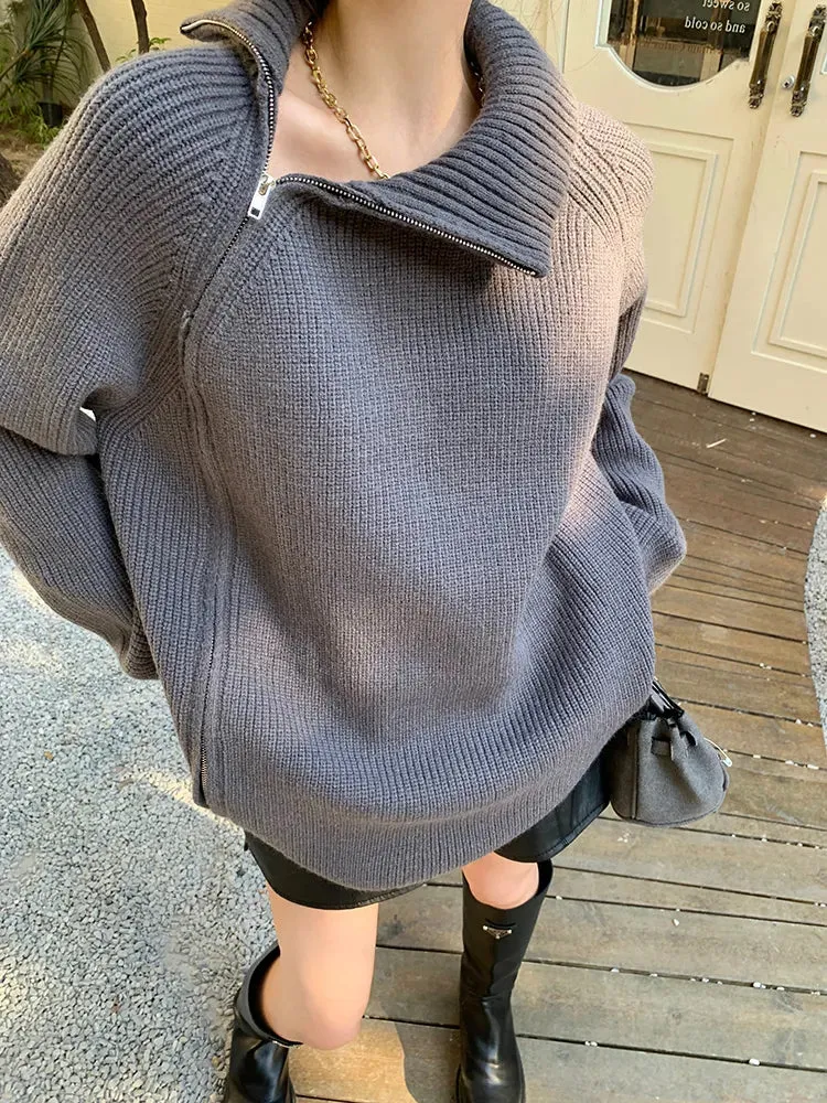 Double Zipper Turtleneck Long Oversize Pullover