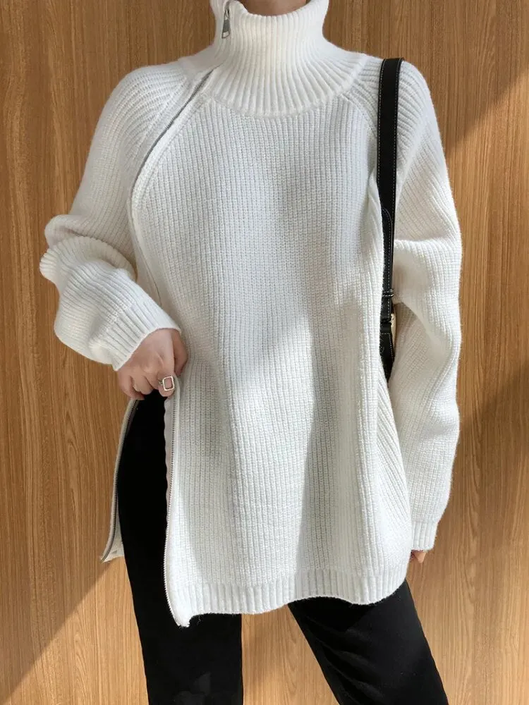 Double Zipper Turtleneck Long Oversize Pullover