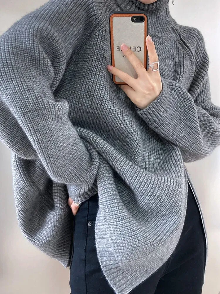 Double Zipper Turtleneck Long Oversize Pullover