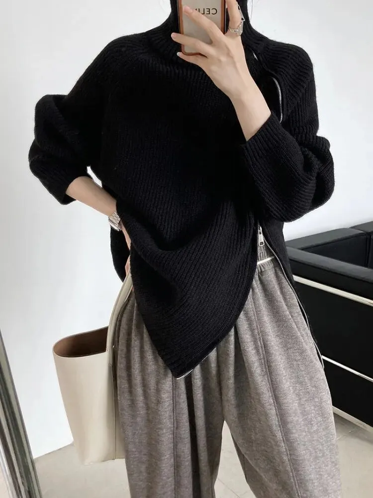 Double Zipper Turtleneck Long Oversize Pullover