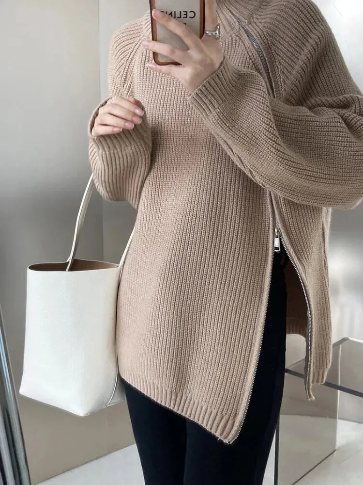 Double Zipper Turtleneck Long Oversize Pullover