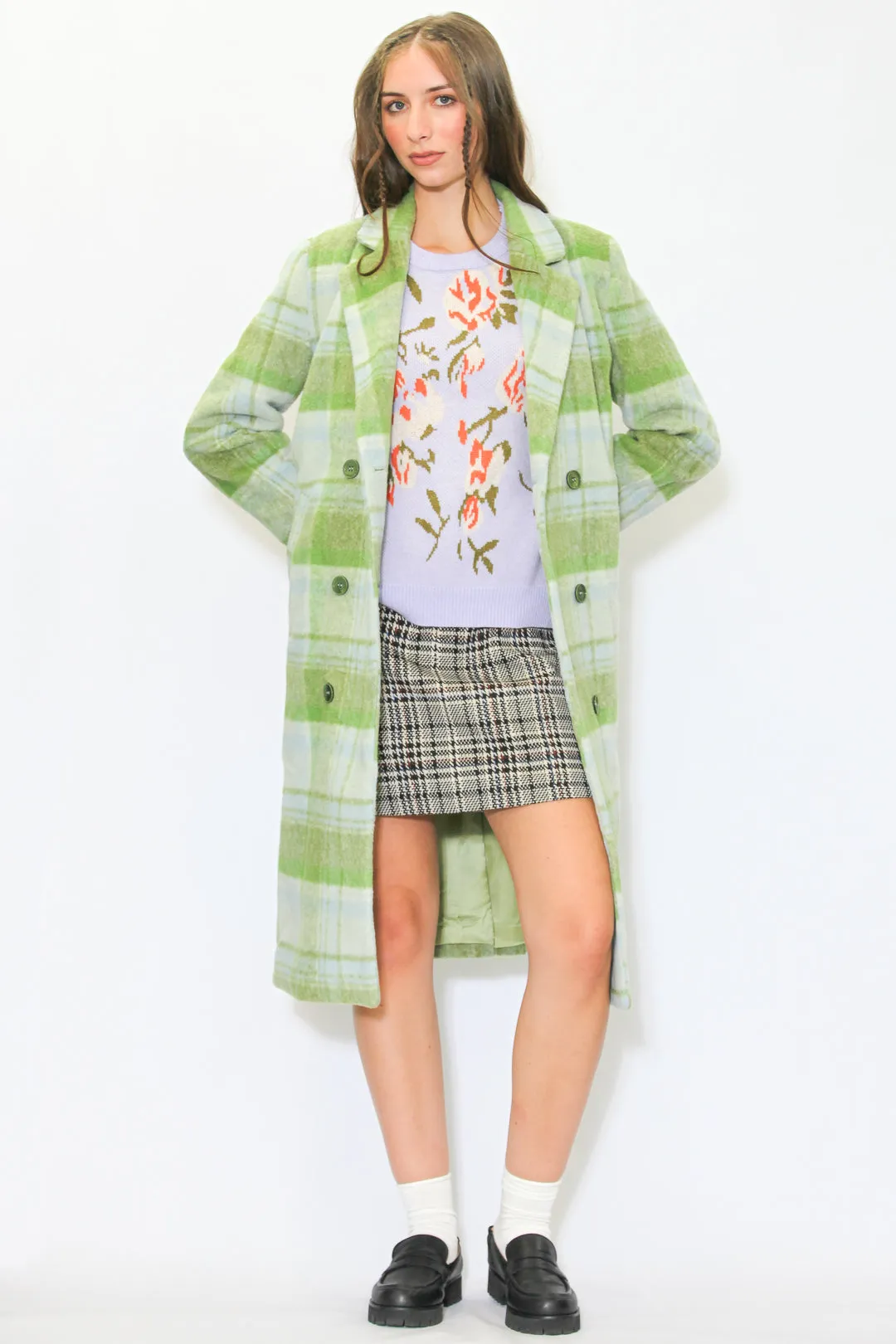 Heavy Wool Pastel Green Plaid Coat