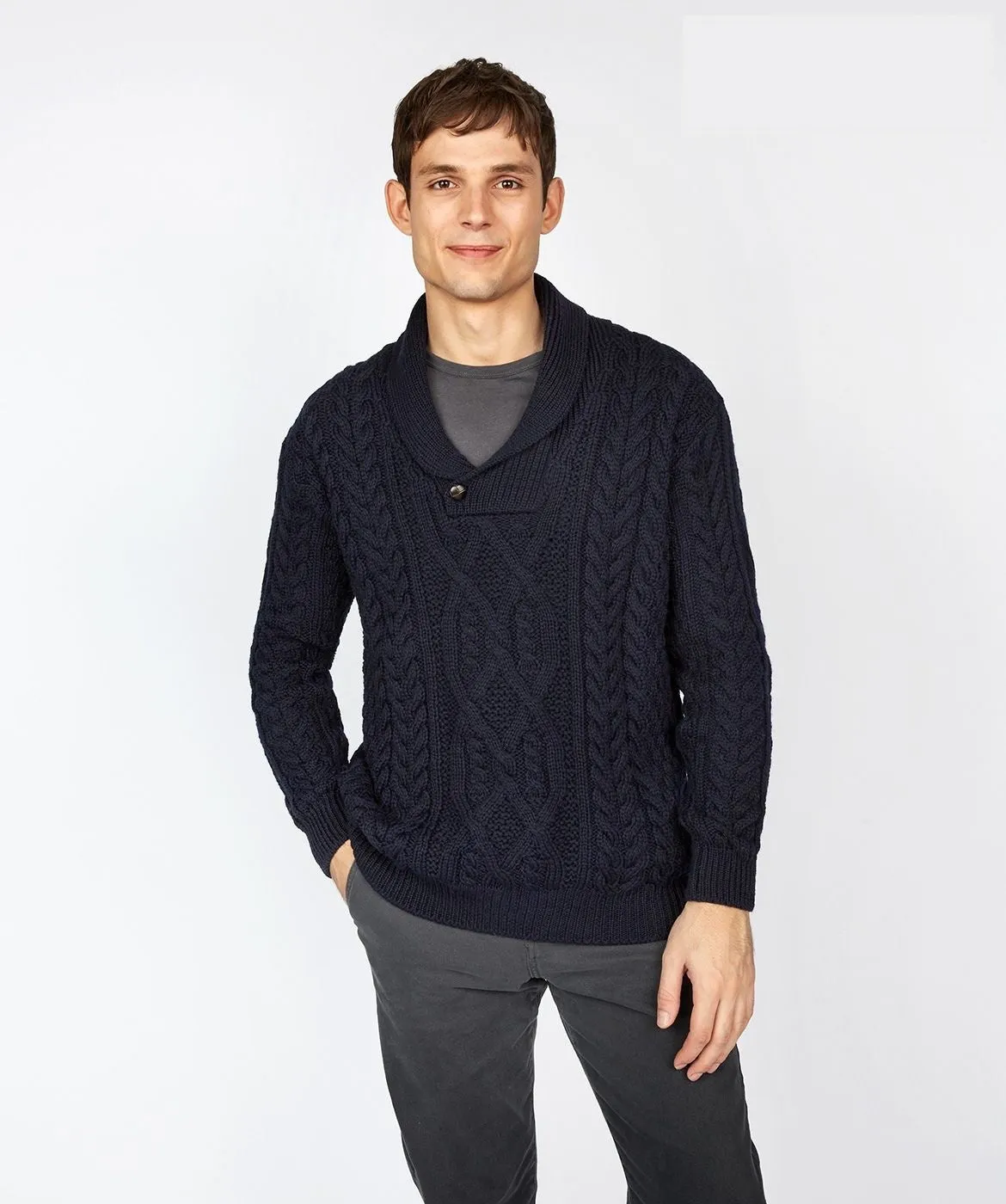 Irish Aran Navy Shawl Collar Sweater