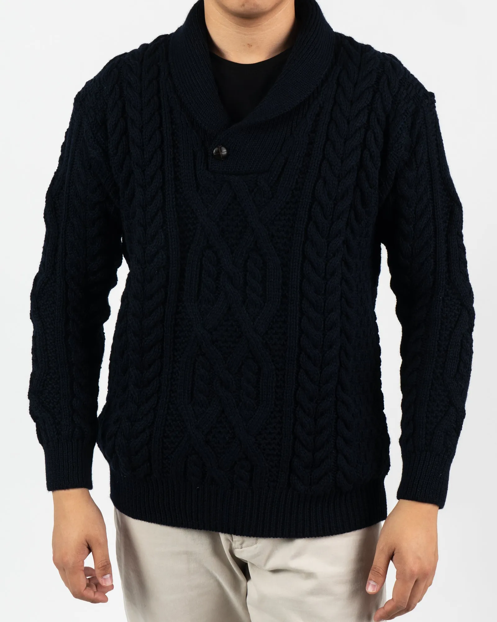 Irish Aran Navy Shawl Collar Sweater