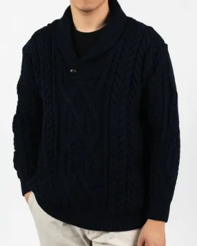 Irish Aran Navy Shawl Collar Sweater