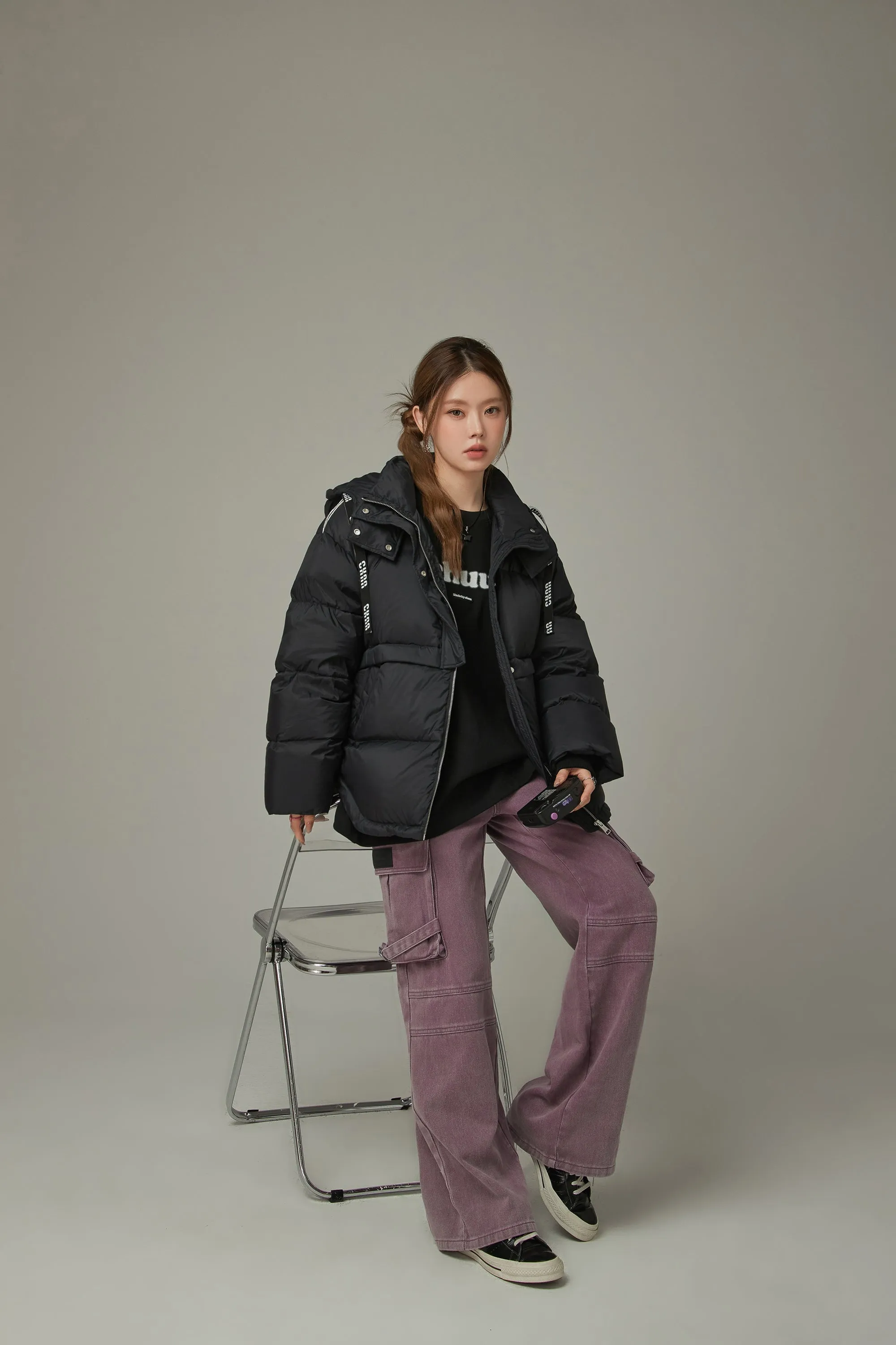 Logo String Hooded Oversized Padded Jacket