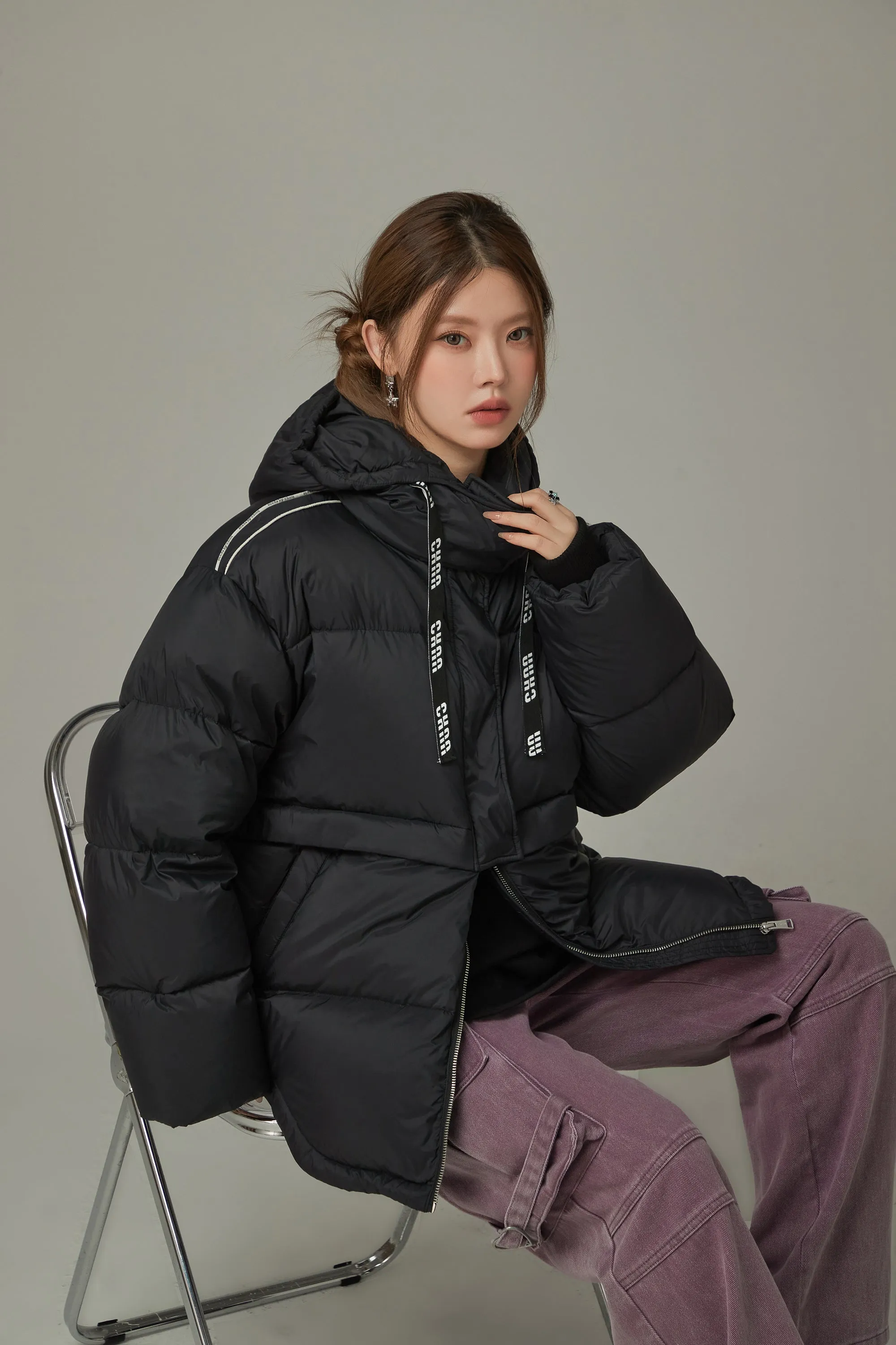 Logo String Hooded Oversized Padded Jacket