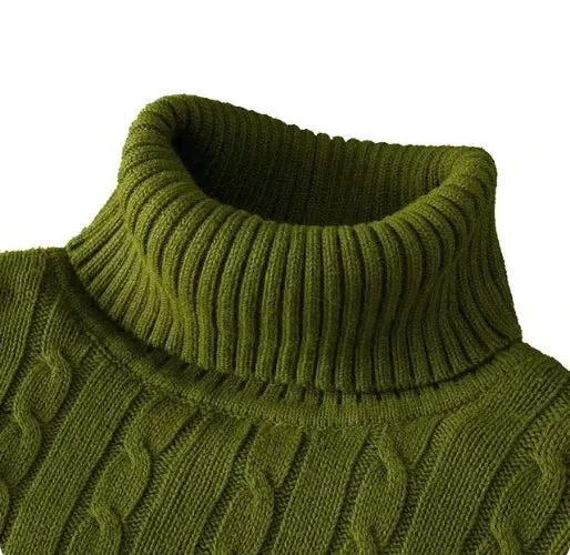 Men's High Neck Turtleneck Sweater - Solid Color Knitted Pullover, Warm Woolen Casual Winter Top for Outdoor Wear