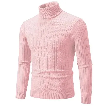 Men's High Neck Turtleneck Sweater - Solid Color Knitted Pullover, Warm Woolen Casual Winter Top for Outdoor Wear