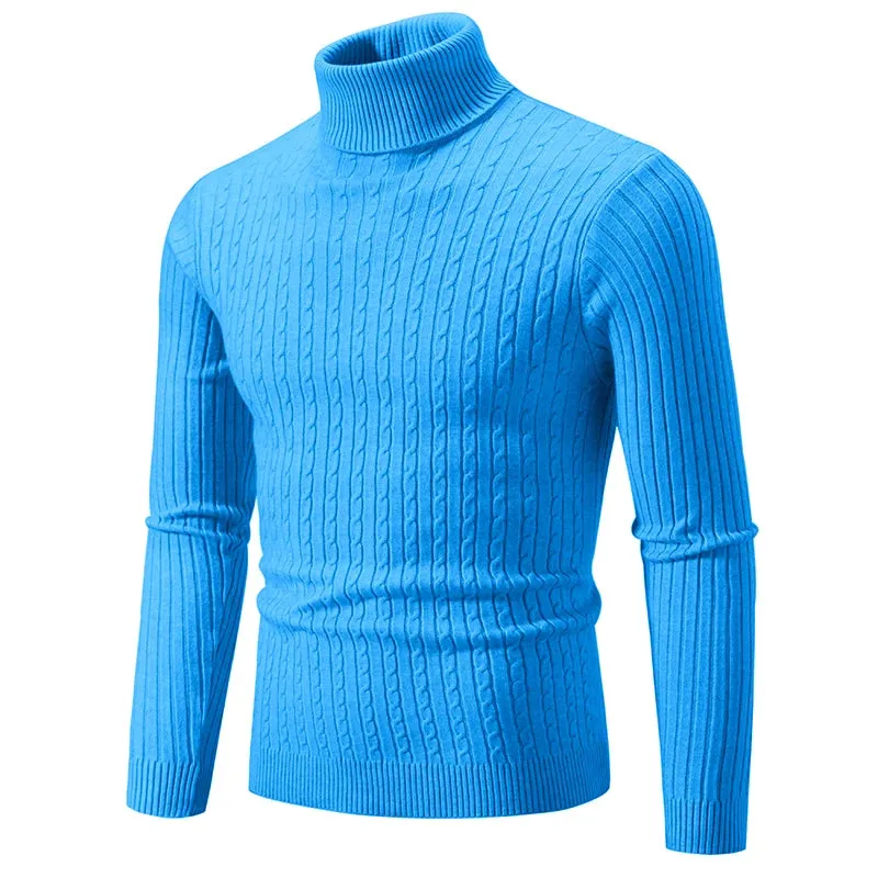 Men's High Neck Turtleneck Sweater - Solid Color Knitted Pullover, Warm Woolen Casual Winter Top for Outdoor Wear