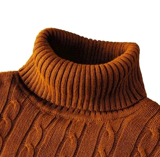 Men's High Neck Turtleneck Sweater - Solid Color Knitted Pullover, Warm Woolen Casual Winter Top for Outdoor Wear