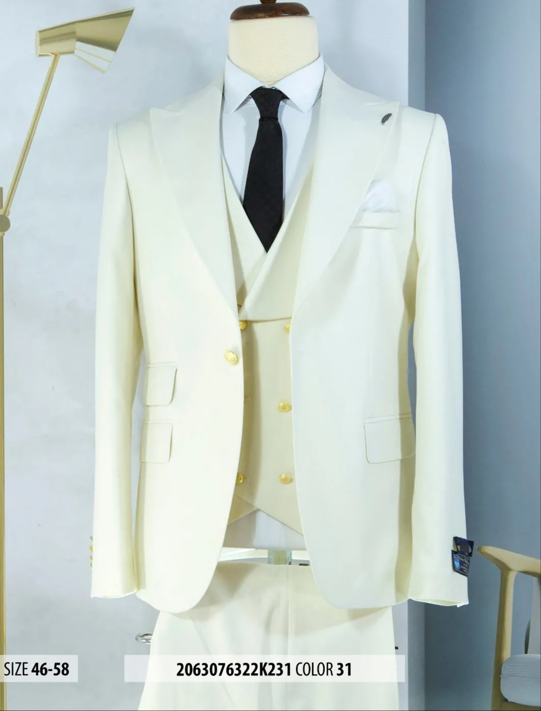 Mens One Button Peak Lapel Vested Wedding Suit with Gold buttons in White