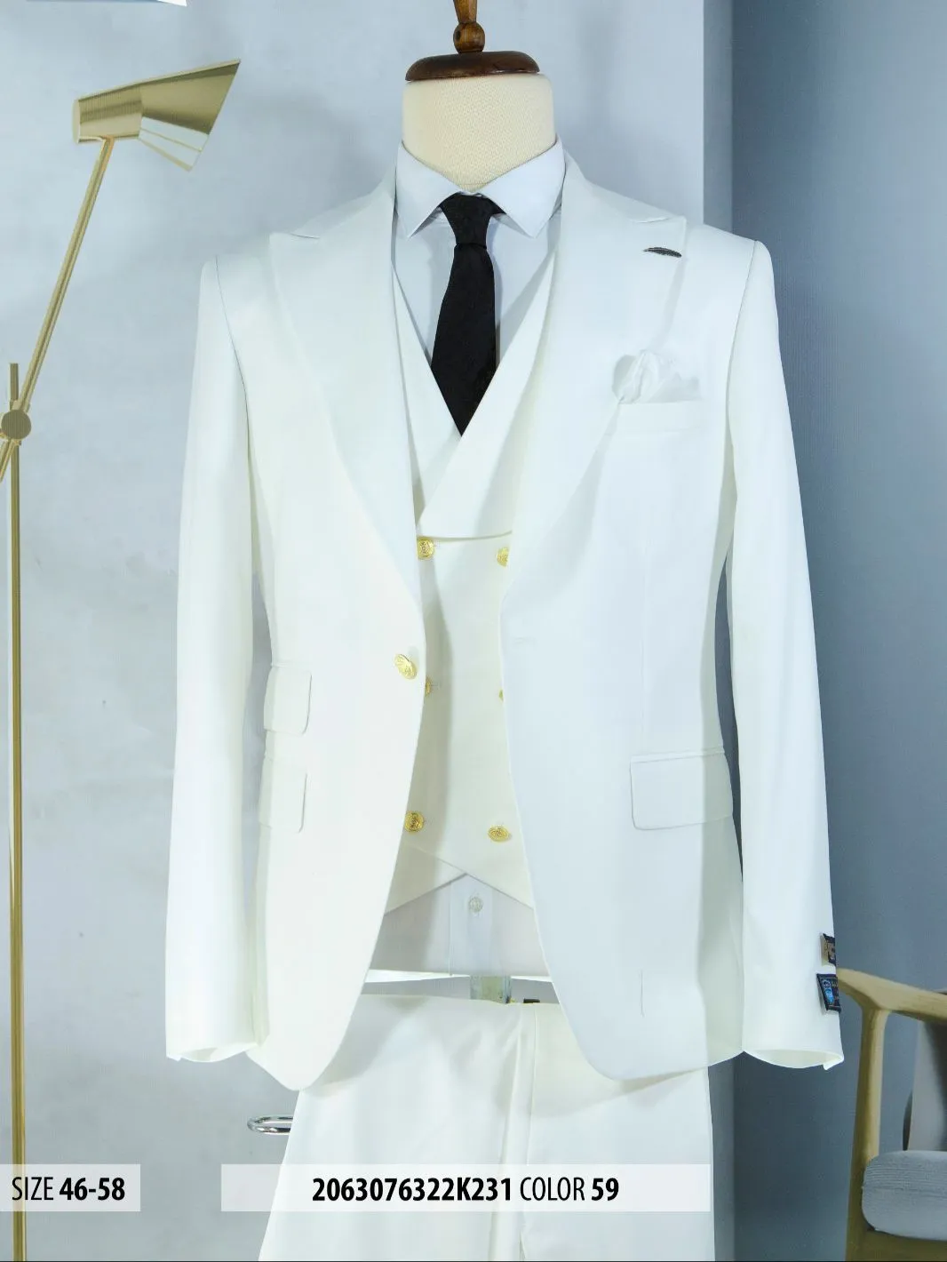 Mens One Button Peak Lapel Vested Wedding Suit with Gold buttons in White