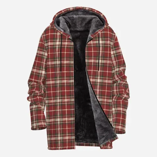 Men's Plaid Winter Coat | Insulated Fleece Hoodie Jacket | Maroon Tartan Plaid Warm Winter Jacket