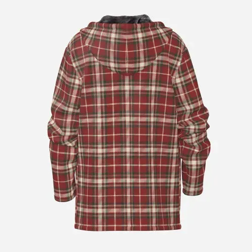 Men's Plaid Winter Coat | Insulated Fleece Hoodie Jacket | Maroon Tartan Plaid Warm Winter Jacket