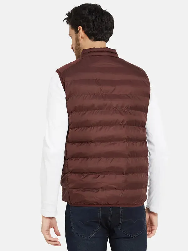 Mettle Men Maroon Geometric Padded Jacket