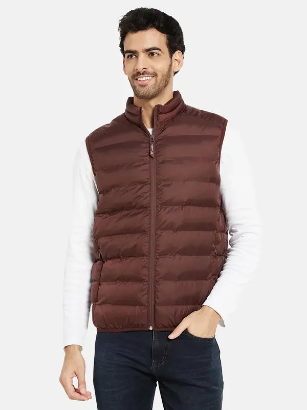 Mettle Men Maroon Geometric Padded Jacket