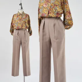 Vintage 80s Brown Wool Pants High Waist Pleated Front Straight Leg Trousers size XS S