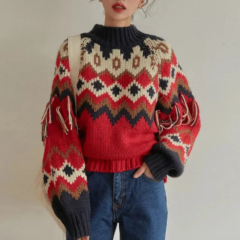 Wenkouban-Christmas Thanksgiving outfits_Vintage Warm Jacquard Knit Boho Tassel Christmas Christmas Sweater