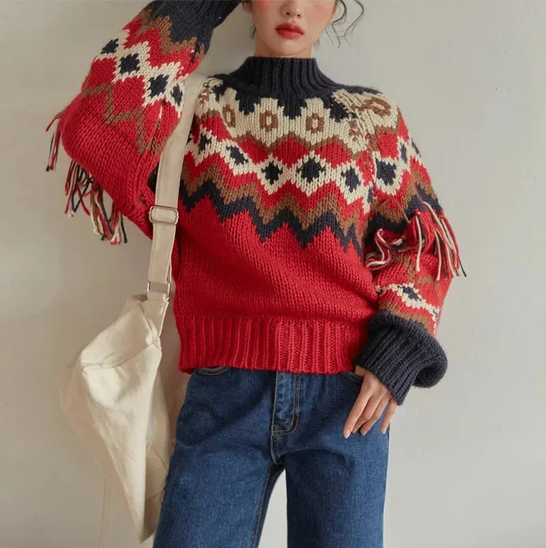 Wenkouban-Christmas Thanksgiving outfits_Vintage Warm Jacquard Knit Boho Tassel Christmas Christmas Sweater