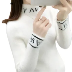 Women's Slim Turtleneck Knitted Sweater - Autumn Winter Solid Color Pullover with Letter Spliced Design, All-Match Fashion Top