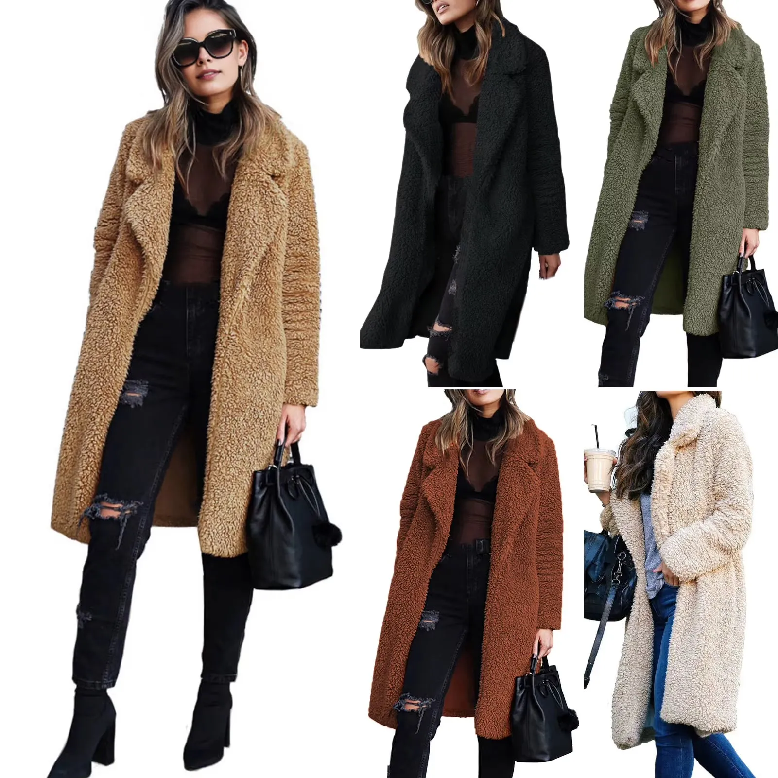 Women's Winter Plush Lapel Long Sleeve Warm Cardigan - Velvet Midi Coat