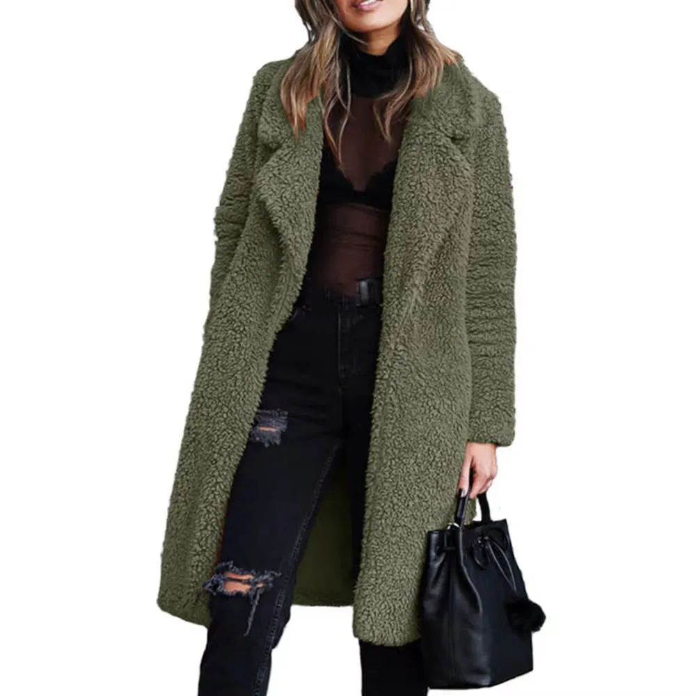 Women's Winter Plush Lapel Long Sleeve Warm Cardigan - Velvet Midi Coat