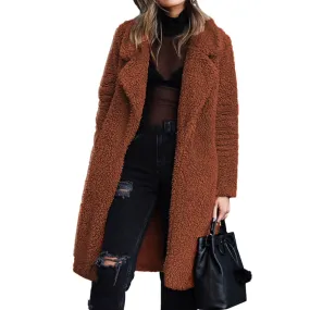 Women's Winter Plush Lapel Long Sleeve Warm Cardigan - Velvet Midi Coat