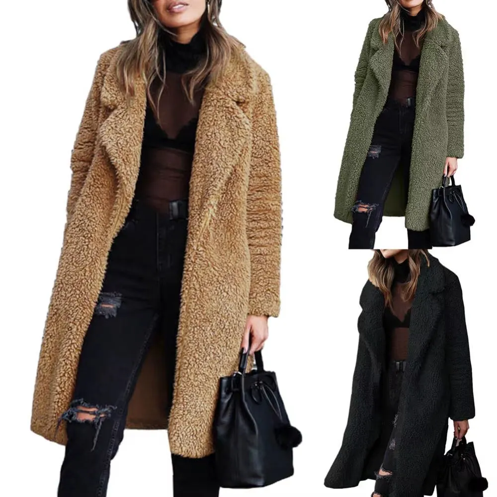 Women's Winter Plush Lapel Long Sleeve Warm Cardigan - Velvet Midi Coat